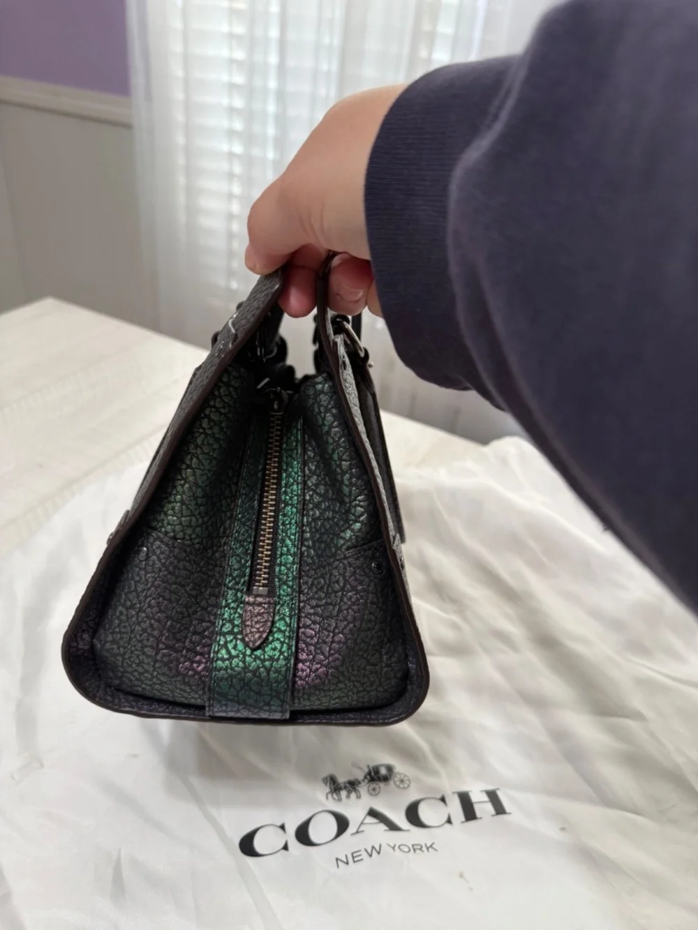 Coach Rogue Metallic Iridescent Purple Pebbled Leather Satchel